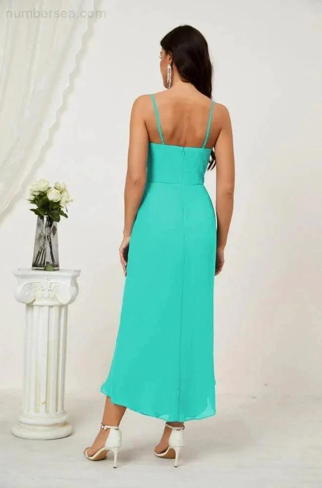 Numbersea Spaghetti Chiffon V Neck Bridesmaid Dress Mid-Length Slit Formal Prom Dress Homecoming Dress 2803 - Image 177