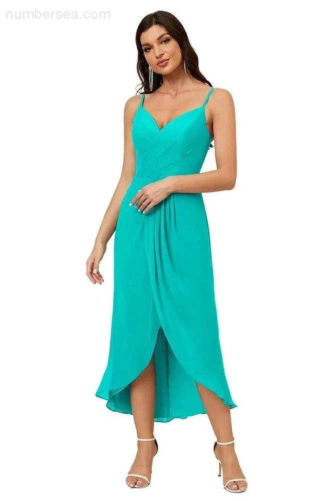 Numbersea Spaghetti Chiffon V Neck Bridesmaid Dress Mid-Length Slit Formal Prom Dress Homecoming Dress 2803 - Image 178