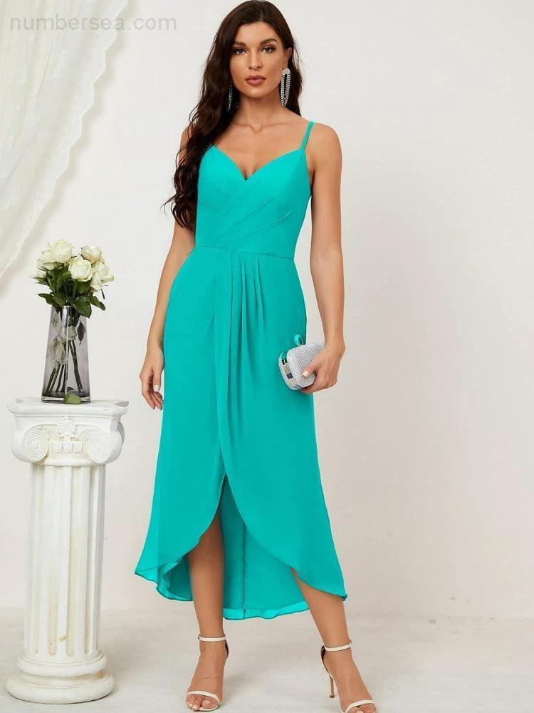 Numbersea Spaghetti Chiffon V Neck Bridesmaid Dress Mid-Length Slit Formal Prom Dress Homecoming Dress 2803 - Image 179