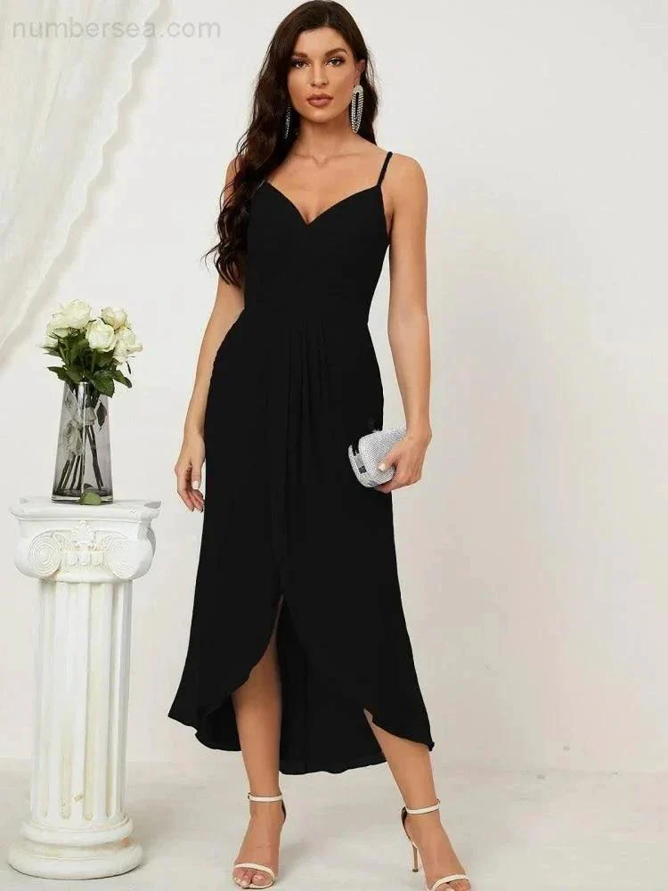 Numbersea Spaghetti Chiffon V Neck Bridesmaid Dress Mid-Length Slit Formal Prom Dress Homecoming Dress 2803 - Image 18