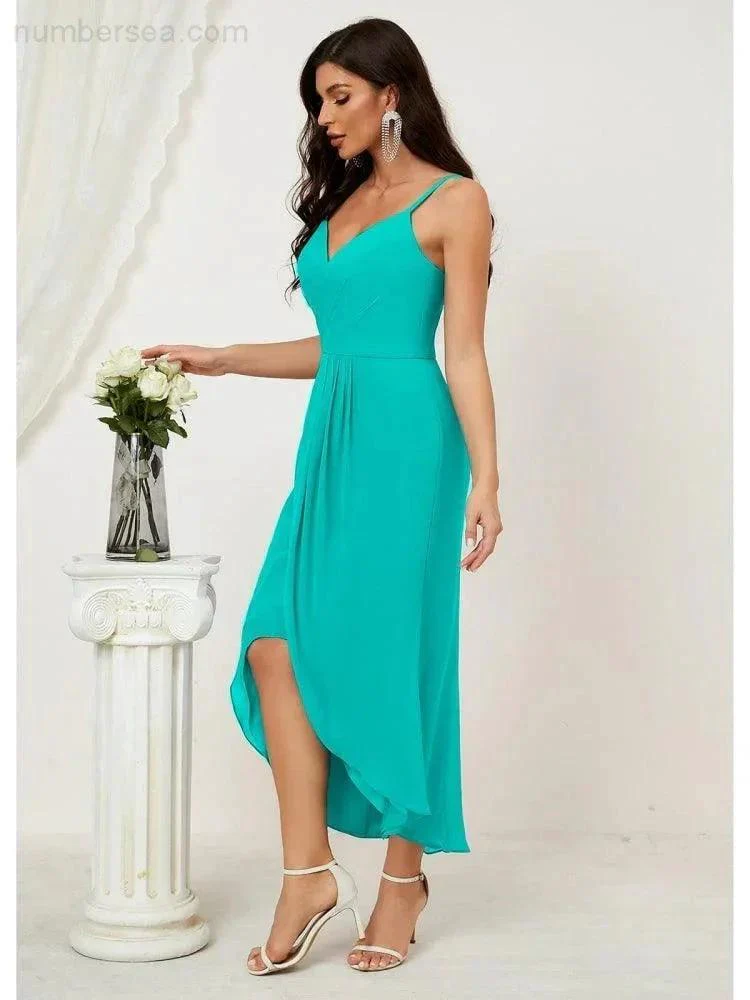 Numbersea Spaghetti Chiffon V Neck Bridesmaid Dress Mid-Length Slit Formal Prom Dress Homecoming Dress 2803 - Image 180