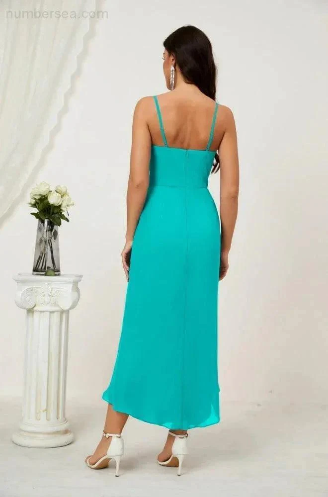 Numbersea Spaghetti Chiffon V Neck Bridesmaid Dress Mid-Length Slit Formal Prom Dress Homecoming Dress 2803 - Image 183