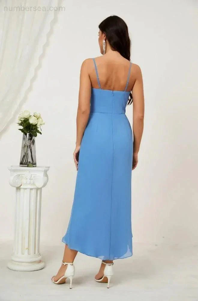 Numbersea Spaghetti Chiffon V Neck Bridesmaid Dress Mid-Length Slit Formal Prom Dress Homecoming Dress 2803 - Image 2