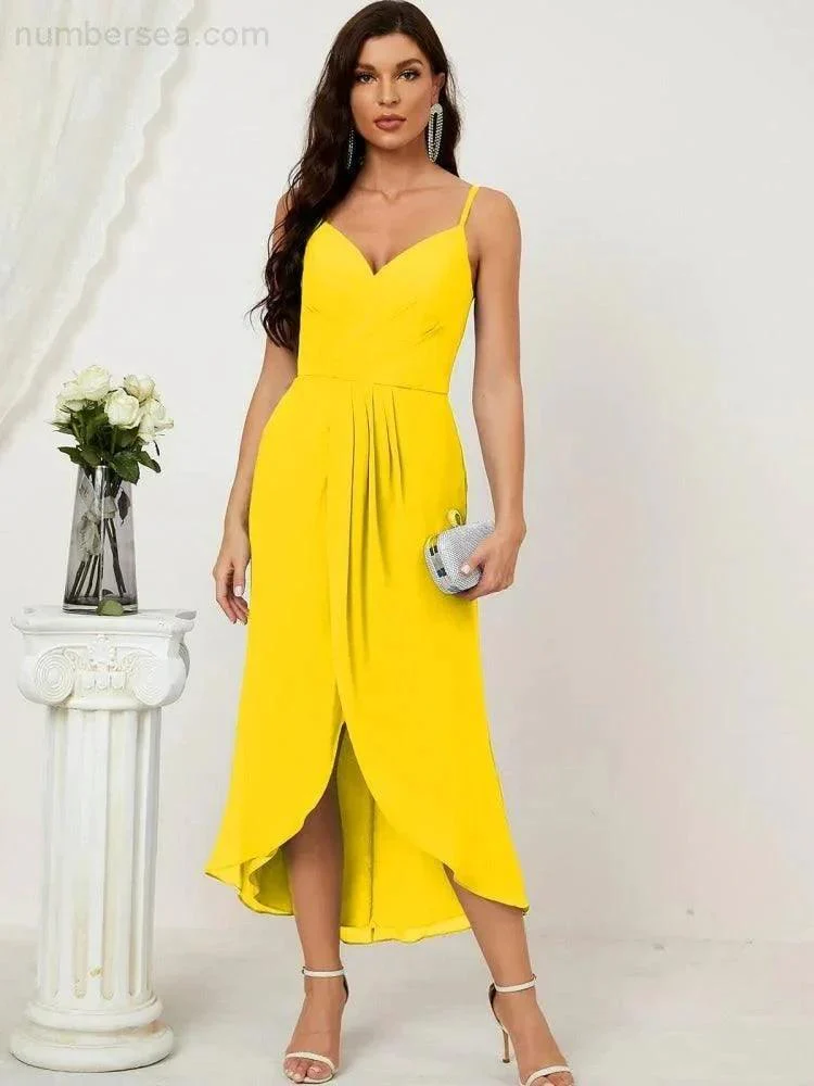 Numbersea Spaghetti Chiffon V Neck Bridesmaid Dress Mid-Length Slit Formal Prom Dress Homecoming Dress 2803 - Image 21
