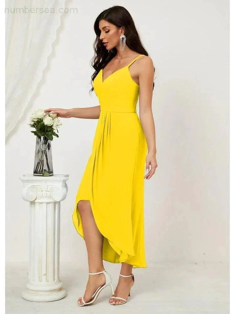 Numbersea Spaghetti Chiffon V Neck Bridesmaid Dress Mid-Length Slit Formal Prom Dress Homecoming Dress 2803 - Image 22