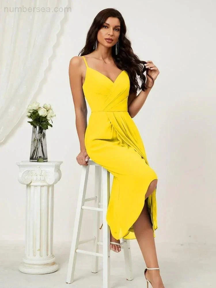 Numbersea Spaghetti Chiffon V Neck Bridesmaid Dress Mid-Length Slit Formal Prom Dress Homecoming Dress 2803 - Image 23