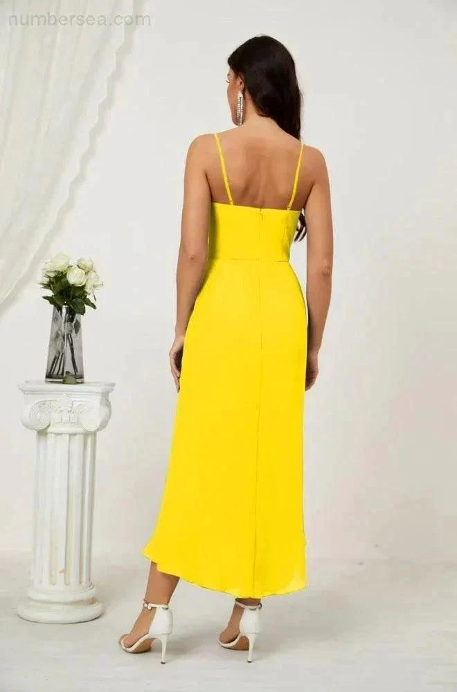 Numbersea Spaghetti Chiffon V Neck Bridesmaid Dress Mid-Length Slit Formal Prom Dress Homecoming Dress 2803 - Image 25