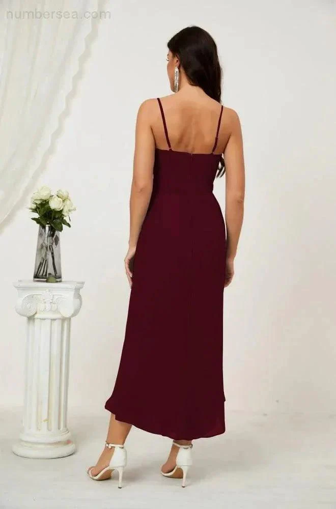 Numbersea Spaghetti Chiffon V Neck Bridesmaid Dress Mid-Length Slit Formal Prom Dress Homecoming Dress 2803 - Image 27