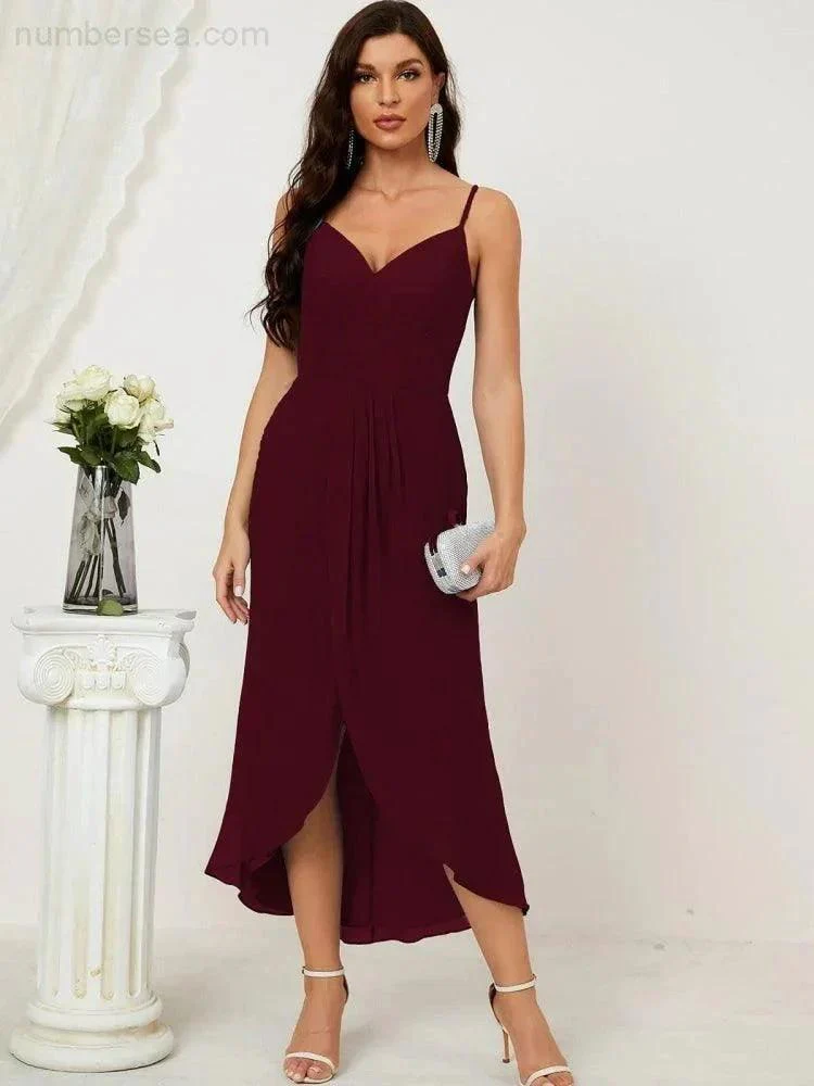 Numbersea Spaghetti Chiffon V Neck Bridesmaid Dress Mid-Length Slit Formal Prom Dress Homecoming Dress 2803 - Image 28