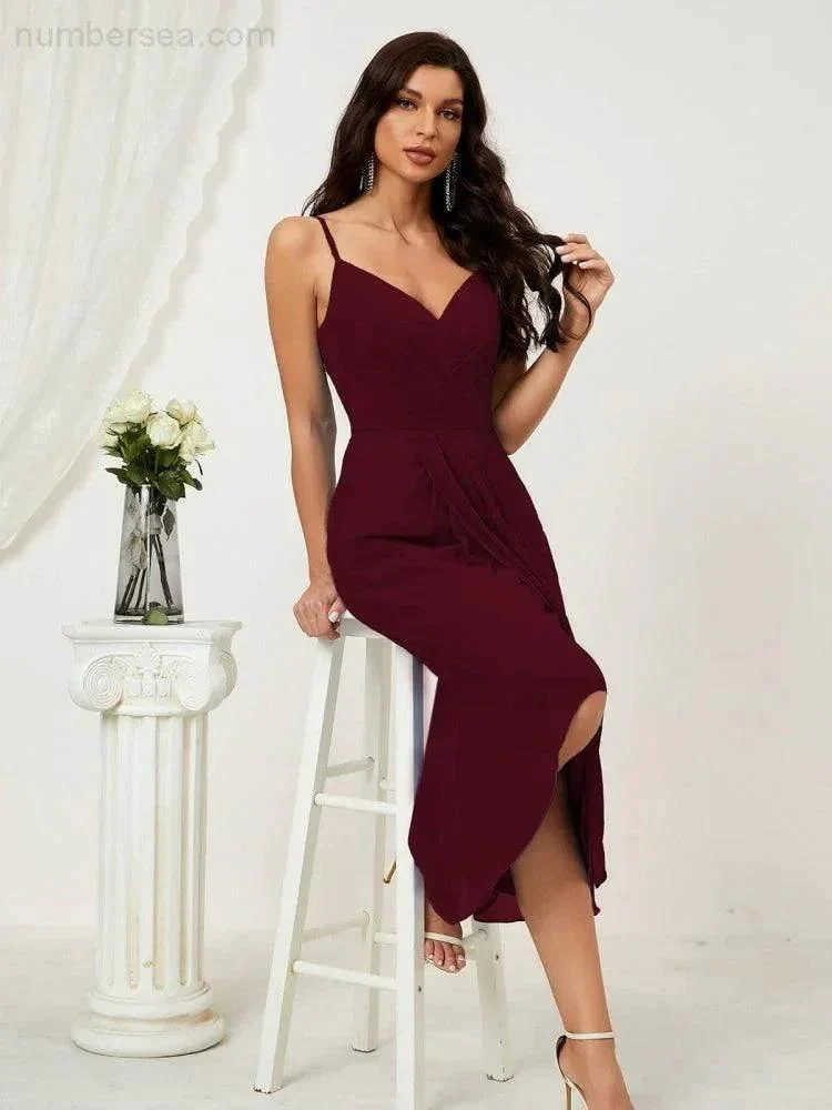 Numbersea Spaghetti Chiffon V Neck Bridesmaid Dress Mid-Length Slit Formal Prom Dress Homecoming Dress 2803 - Image 29