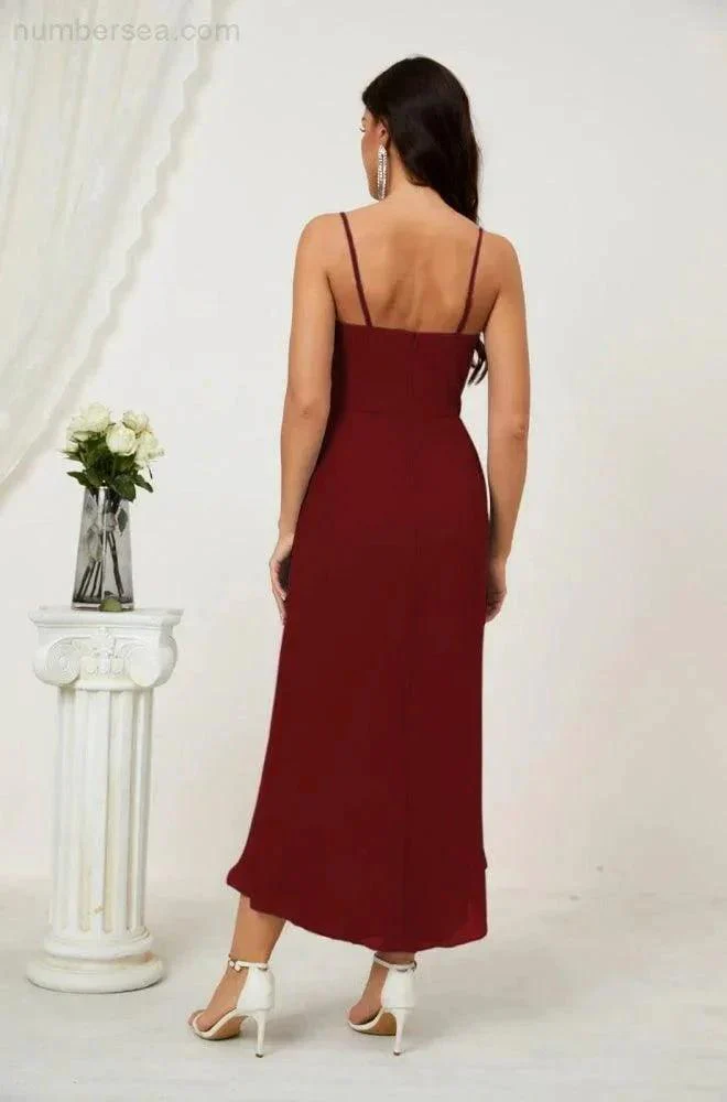 Numbersea Spaghetti Chiffon V Neck Bridesmaid Dress Mid-Length Slit Formal Prom Dress Homecoming Dress 2803 - Image 30