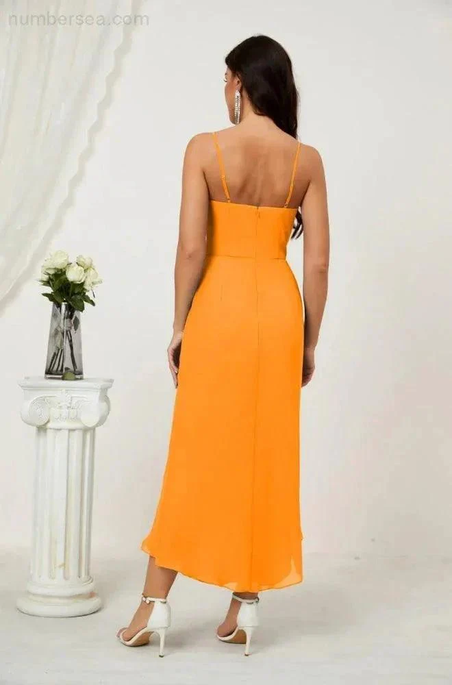Numbersea Spaghetti Chiffon V Neck Bridesmaid Dress Mid-Length Slit Formal Prom Dress Homecoming Dress 2803 - Image 32