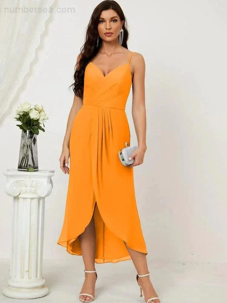 Numbersea Spaghetti Chiffon V Neck Bridesmaid Dress Mid-Length Slit Formal Prom Dress Homecoming Dress 2803 - Image 34