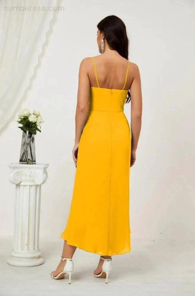 Numbersea Spaghetti Chiffon V Neck Bridesmaid Dress Mid-Length Slit Formal Prom Dress Homecoming Dress 2803 - Image 35