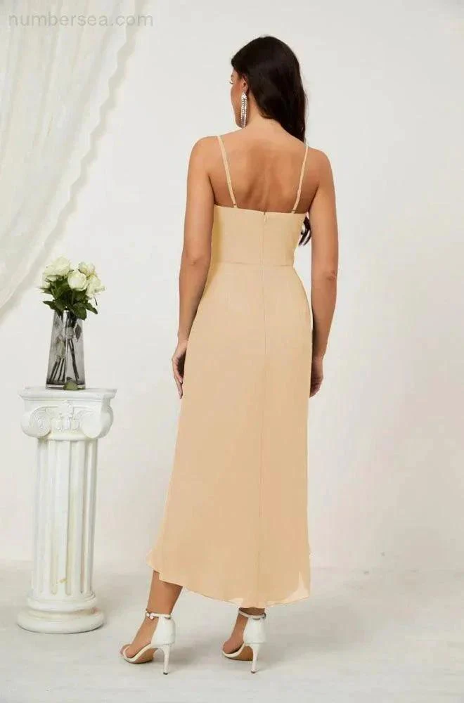 Numbersea Spaghetti Chiffon V Neck Bridesmaid Dress Mid-Length Slit Formal Prom Dress Homecoming Dress 2803 - Image 37