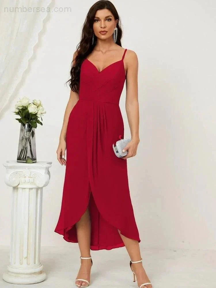 Numbersea Spaghetti Chiffon V Neck Bridesmaid Dress Mid-Length Slit Formal Prom Dress Homecoming Dress 2803 - Image 42