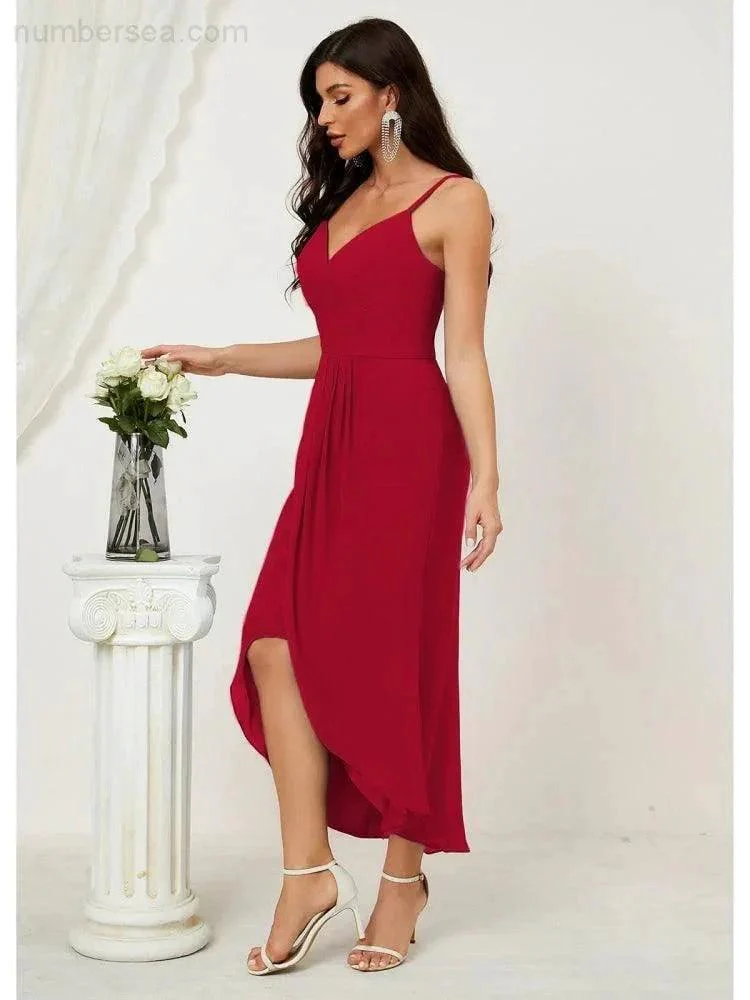 Numbersea Spaghetti Chiffon V Neck Bridesmaid Dress Mid-Length Slit Formal Prom Dress Homecoming Dress 2803 - Image 43