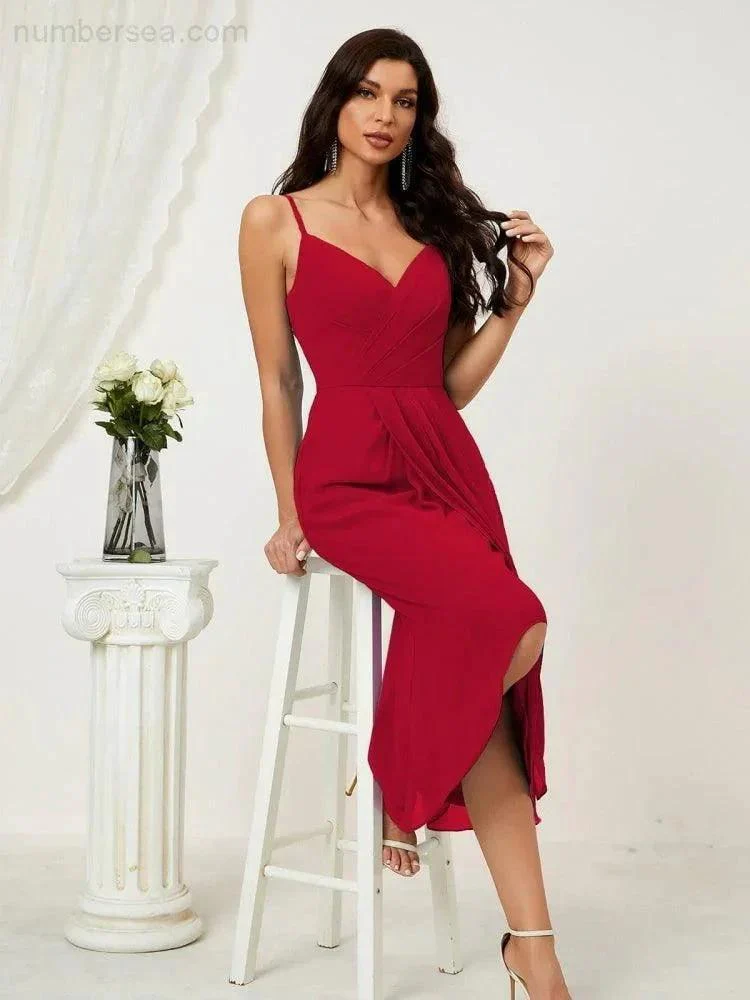 Numbersea Spaghetti Chiffon V Neck Bridesmaid Dress Mid-Length Slit Formal Prom Dress Homecoming Dress 2803 - Image 44