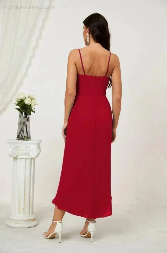 Numbersea Spaghetti Chiffon V Neck Bridesmaid Dress Mid-Length Slit Formal Prom Dress Homecoming Dress 2803 - Image 46