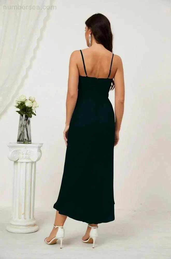Numbersea Spaghetti Chiffon V Neck Bridesmaid Dress Mid-Length Slit Formal Prom Dress Homecoming Dress 2803 - Image 48