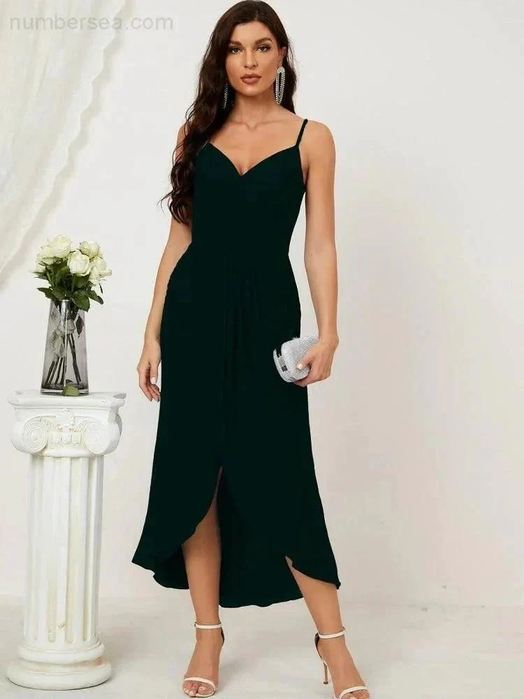 Numbersea Spaghetti Chiffon V Neck Bridesmaid Dress Mid-Length Slit Formal Prom Dress Homecoming Dress 2803 - Image 50