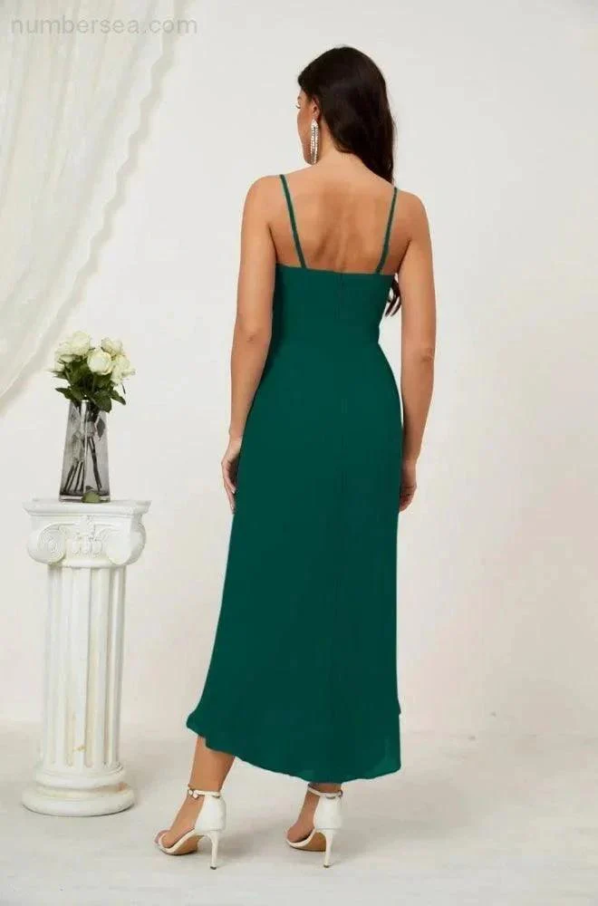 Numbersea Spaghetti Chiffon V Neck Bridesmaid Dress Mid-Length Slit Formal Prom Dress Homecoming Dress 2803 - Image 51