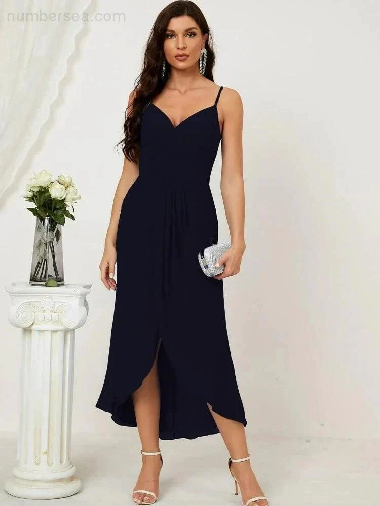 Numbersea Spaghetti Chiffon V Neck Bridesmaid Dress Mid-Length Slit Formal Prom Dress Homecoming Dress 2803 - Image 55