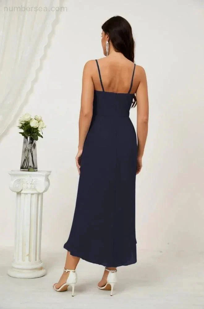 Numbersea Spaghetti Chiffon V Neck Bridesmaid Dress Mid-Length Slit Formal Prom Dress Homecoming Dress 2803 - Image 56