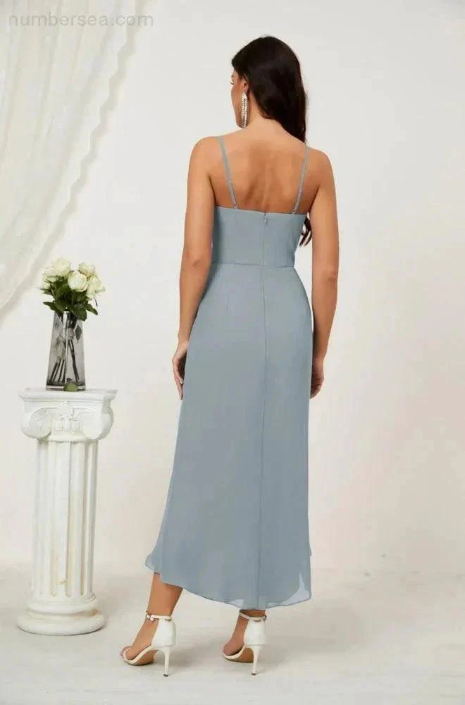 Numbersea Spaghetti Chiffon V Neck Bridesmaid Dress Mid-Length Slit Formal Prom Dress Homecoming Dress 2803 - Image 58