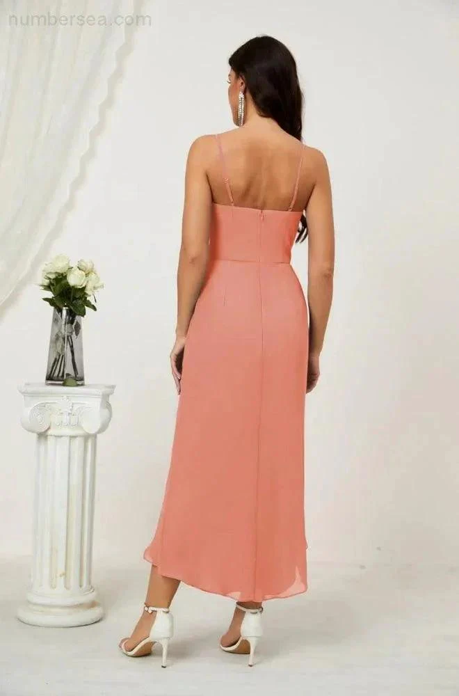 Numbersea Spaghetti Chiffon V Neck Bridesmaid Dress Mid-Length Slit Formal Prom Dress Homecoming Dress 2803 - Image 6