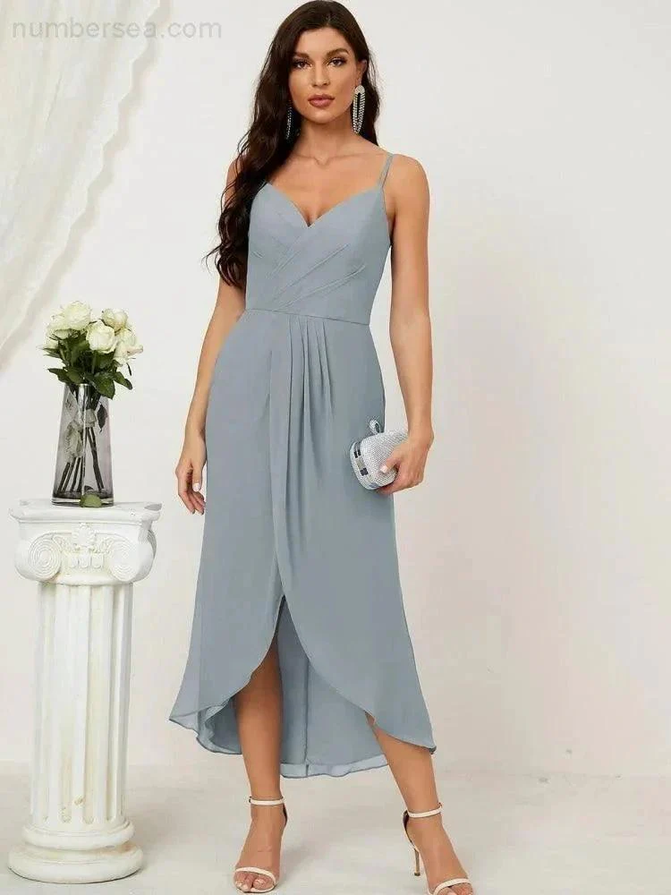 Numbersea Spaghetti Chiffon V Neck Bridesmaid Dress Mid-Length Slit Formal Prom Dress Homecoming Dress 2803 - Image 60