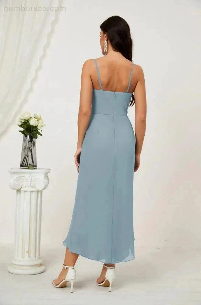 Numbersea Spaghetti Chiffon V Neck Bridesmaid Dress Mid-Length Slit Formal Prom Dress Homecoming Dress 2803 - Image 61