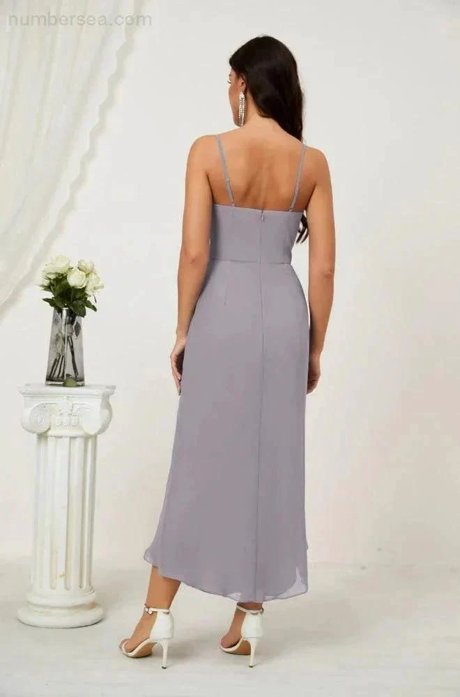 Numbersea Spaghetti Chiffon V Neck Bridesmaid Dress Mid-Length Slit Formal Prom Dress Homecoming Dress 2803 - Image 63