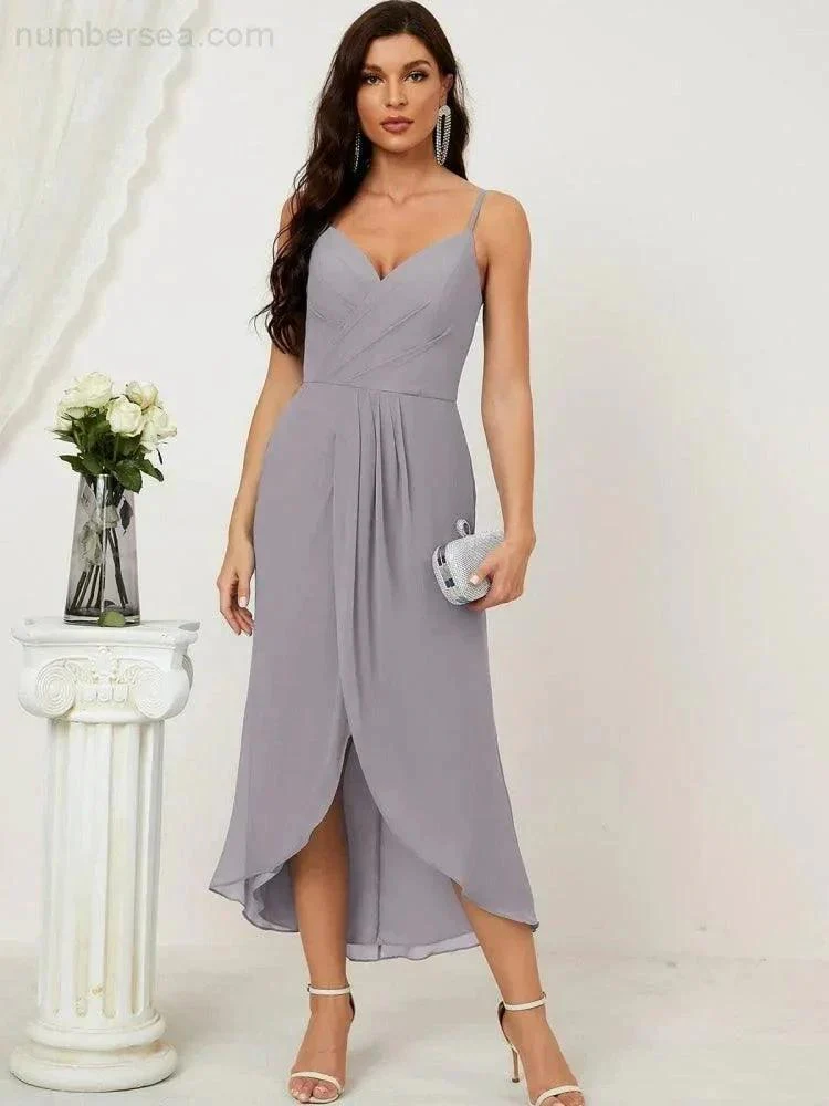 Numbersea Spaghetti Chiffon V Neck Bridesmaid Dress Mid-Length Slit Formal Prom Dress Homecoming Dress 2803 - Image 65
