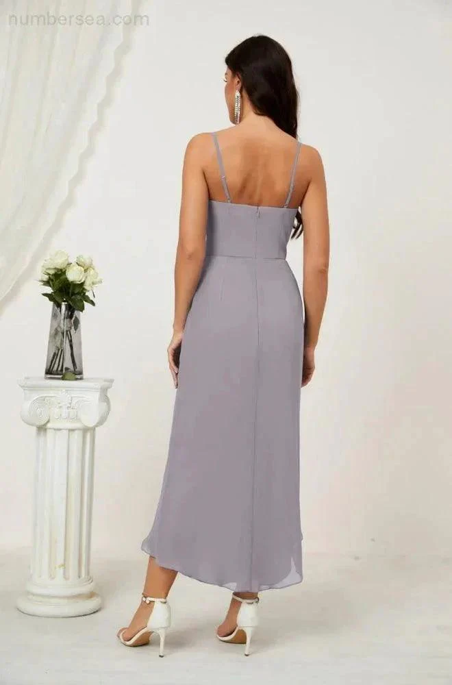 Numbersea Spaghetti Chiffon V Neck Bridesmaid Dress Mid-Length Slit Formal Prom Dress Homecoming Dress 2803 - Image 66