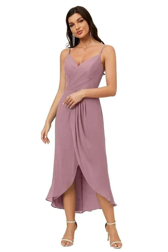 Numbersea Spaghetti Chiffon V Neck Bridesmaid Dress Mid-Length Slit Formal Prom Dress Homecoming Dress 2803 - Image 67