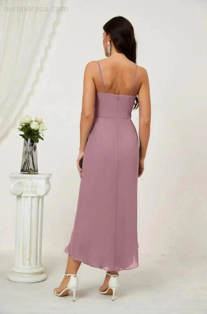 Numbersea Spaghetti Chiffon V Neck Bridesmaid Dress Mid-Length Slit Formal Prom Dress Homecoming Dress 2803 - Image 68