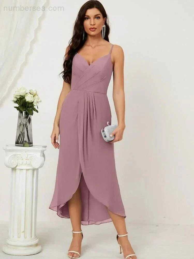 Numbersea Spaghetti Chiffon V Neck Bridesmaid Dress Mid-Length Slit Formal Prom Dress Homecoming Dress 2803 - Image 69