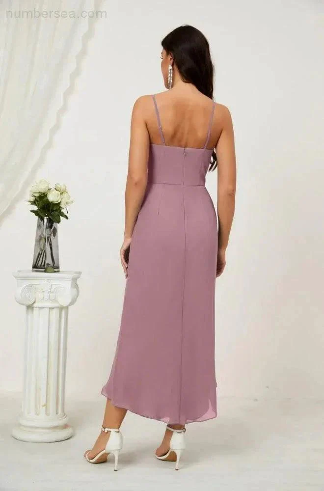 Numbersea Spaghetti Chiffon V Neck Bridesmaid Dress Mid-Length Slit Formal Prom Dress Homecoming Dress 2803 - Image 71