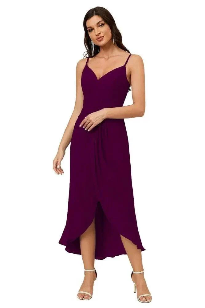 Numbersea Spaghetti Chiffon V Neck Bridesmaid Dress Mid-Length Slit Formal Prom Dress Homecoming Dress 2803 - Image 72