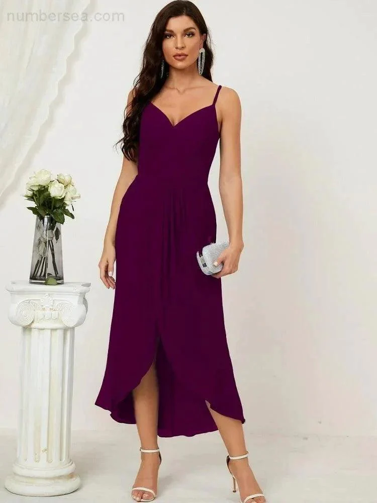 Numbersea Spaghetti Chiffon V Neck Bridesmaid Dress Mid-Length Slit Formal Prom Dress Homecoming Dress 2803 - Image 73