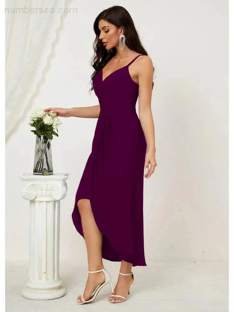 Numbersea Spaghetti Chiffon V Neck Bridesmaid Dress Mid-Length Slit Formal Prom Dress Homecoming Dress 2803 - Image 74