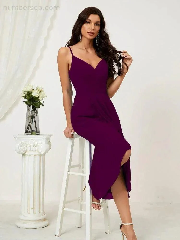 Numbersea Spaghetti Chiffon V Neck Bridesmaid Dress Mid-Length Slit Formal Prom Dress Homecoming Dress 2803 - Image 75