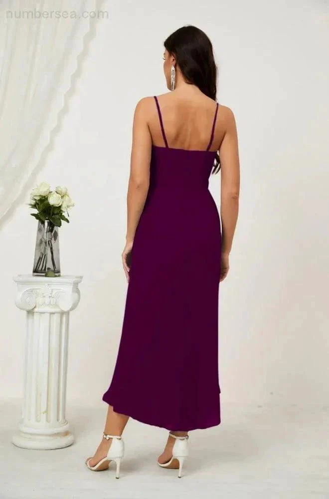 Numbersea Spaghetti Chiffon V Neck Bridesmaid Dress Mid-Length Slit Formal Prom Dress Homecoming Dress 2803 - Image 77