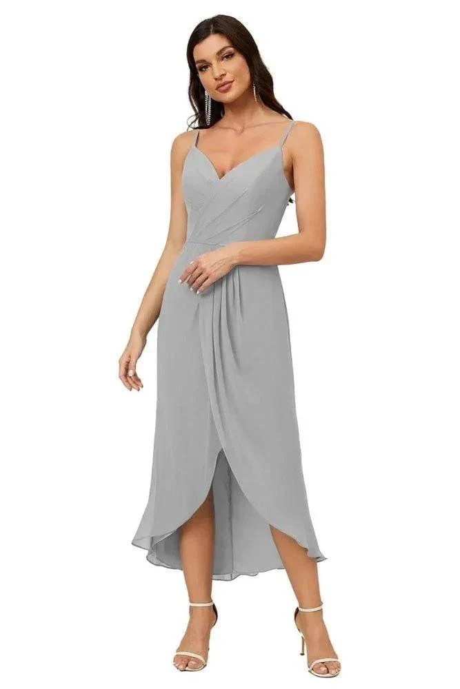 Numbersea Spaghetti Chiffon V Neck Bridesmaid Dress Mid-Length Slit Formal Prom Dress Homecoming Dress 2803 - Image 78