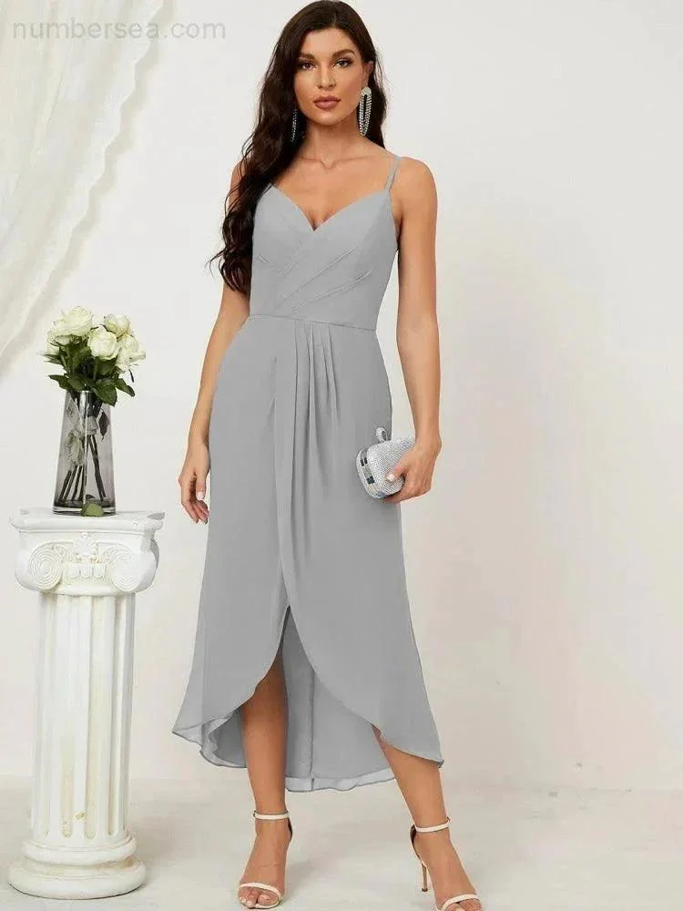 Numbersea Spaghetti Chiffon V Neck Bridesmaid Dress Mid-Length Slit Formal Prom Dress Homecoming Dress 2803 - Image 79