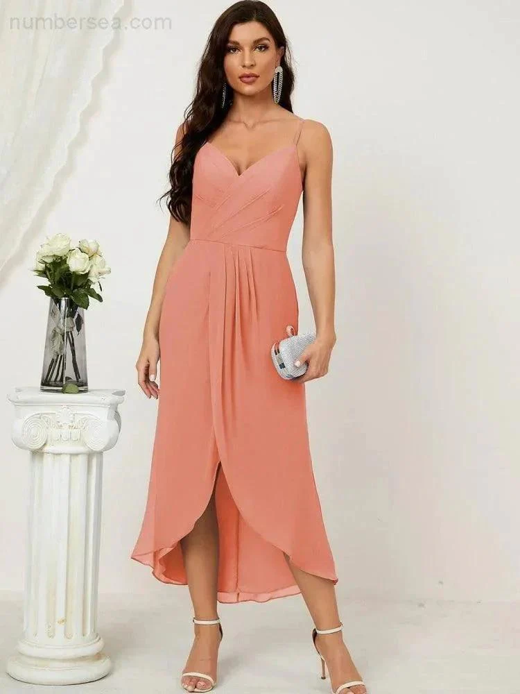 Numbersea Spaghetti Chiffon V Neck Bridesmaid Dress Mid-Length Slit Formal Prom Dress Homecoming Dress 2803 - Image 8