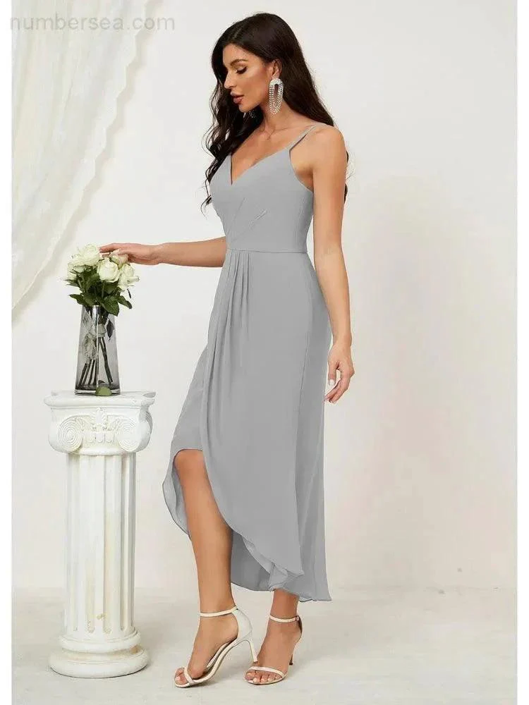 Numbersea Spaghetti Chiffon V Neck Bridesmaid Dress Mid-Length Slit Formal Prom Dress Homecoming Dress 2803 - Image 80
