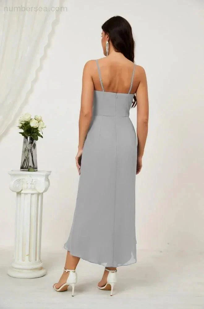Numbersea Spaghetti Chiffon V Neck Bridesmaid Dress Mid-Length Slit Formal Prom Dress Homecoming Dress 2803 - Image 83