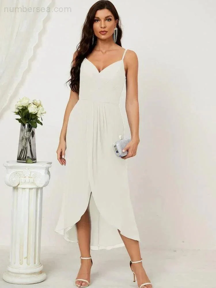 Numbersea Spaghetti Chiffon V Neck Bridesmaid Dress Mid-Length Slit Formal Prom Dress Homecoming Dress 2803 - Image 85